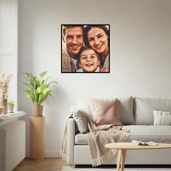 LEGO family portraits displayed as heirloom art pieces in a modern living room setting