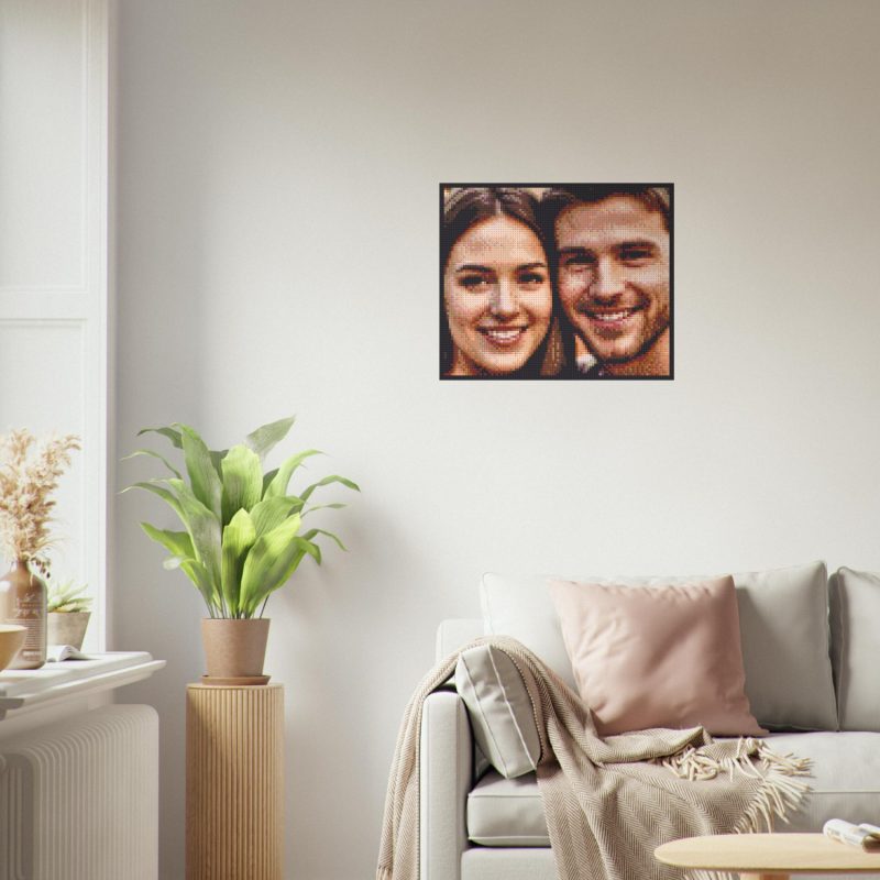 Personalised LEGO family portrait display options with various frames and mounting solutions for your custom artwork